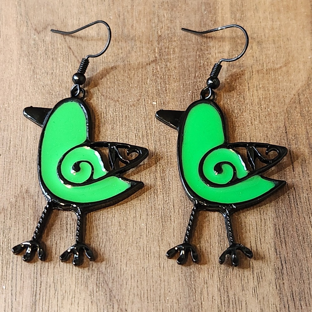 Green Bird Drop Earrings Whimsical Enamel Style Folk‎ Art Nature Dangle 2.25"